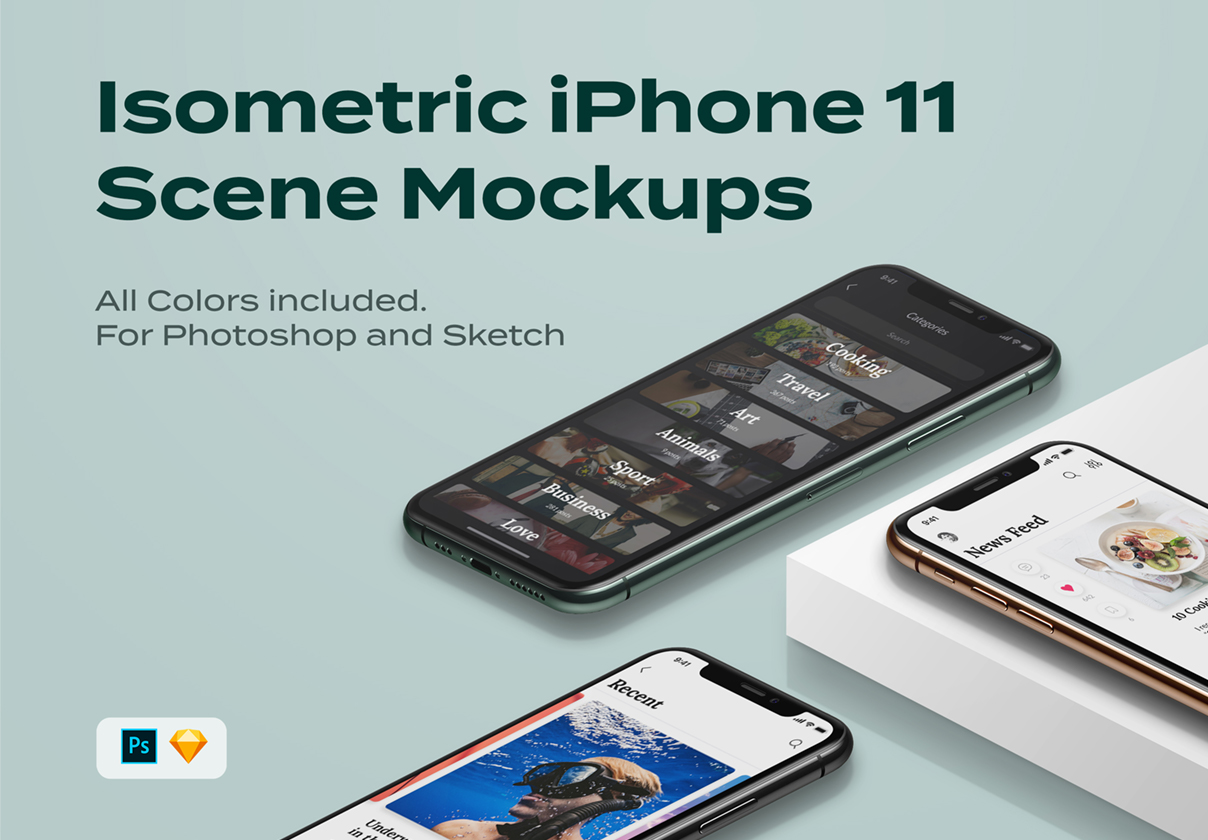 Isometric iPhone 11 pro scene mockup