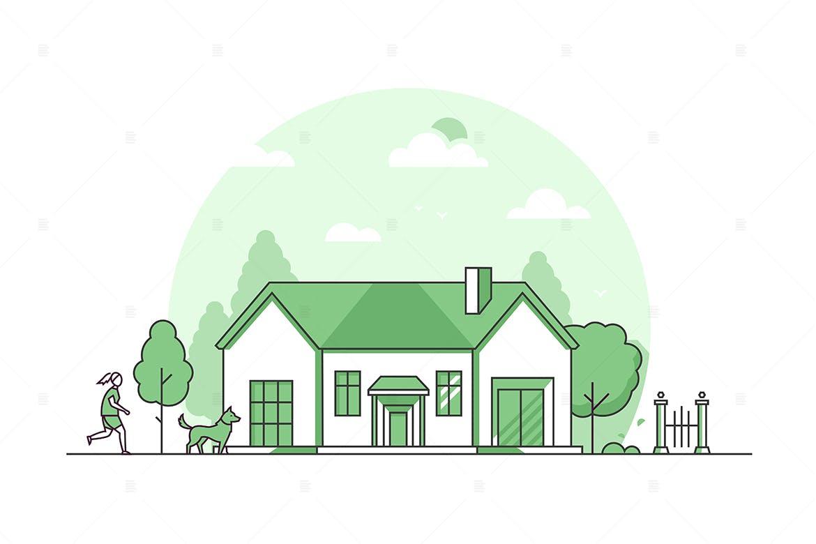 城郊住宅主题线条设计风格矢量插画suburban House Line Design Style Illustration 设计森林planforest