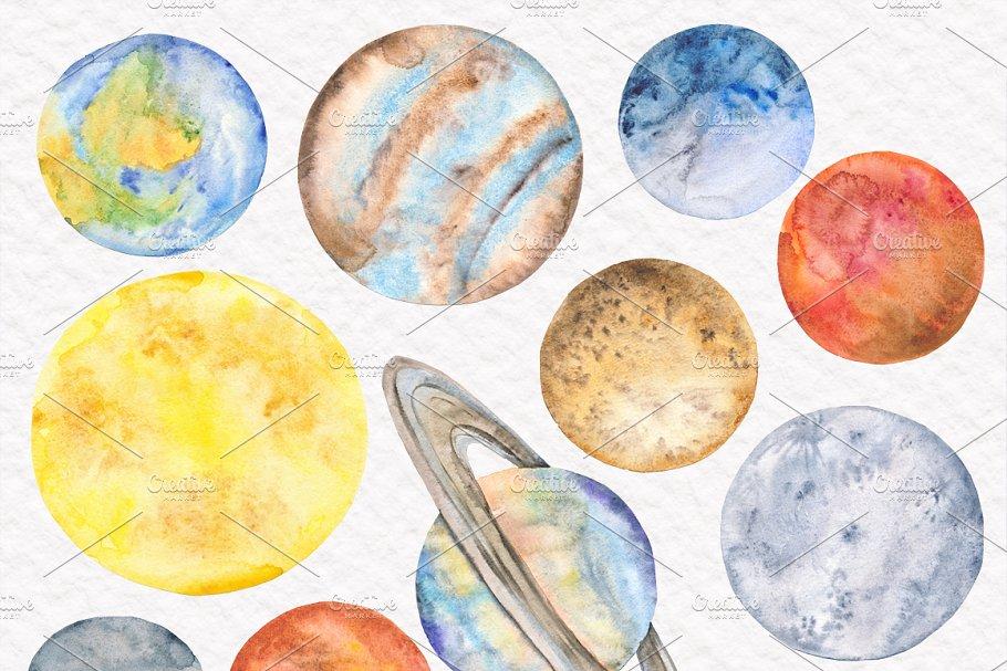 太空行星水彩设计素材包space Toolkit Watercolor Planets 设计森林planforest