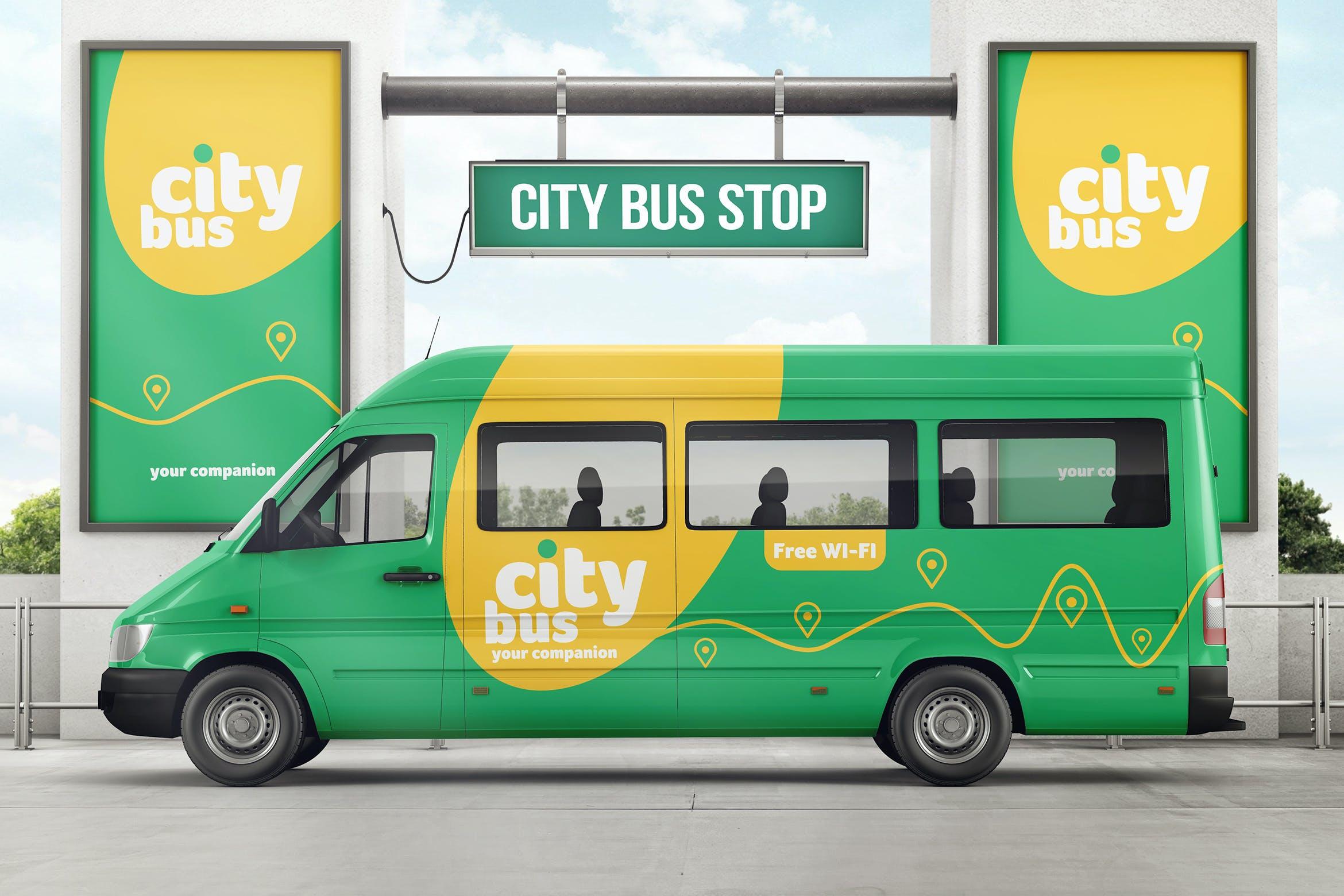 城市公交车&amp;车站汽车运营品牌VI视觉设计样机模板 City Bus On Bus Stop Branding