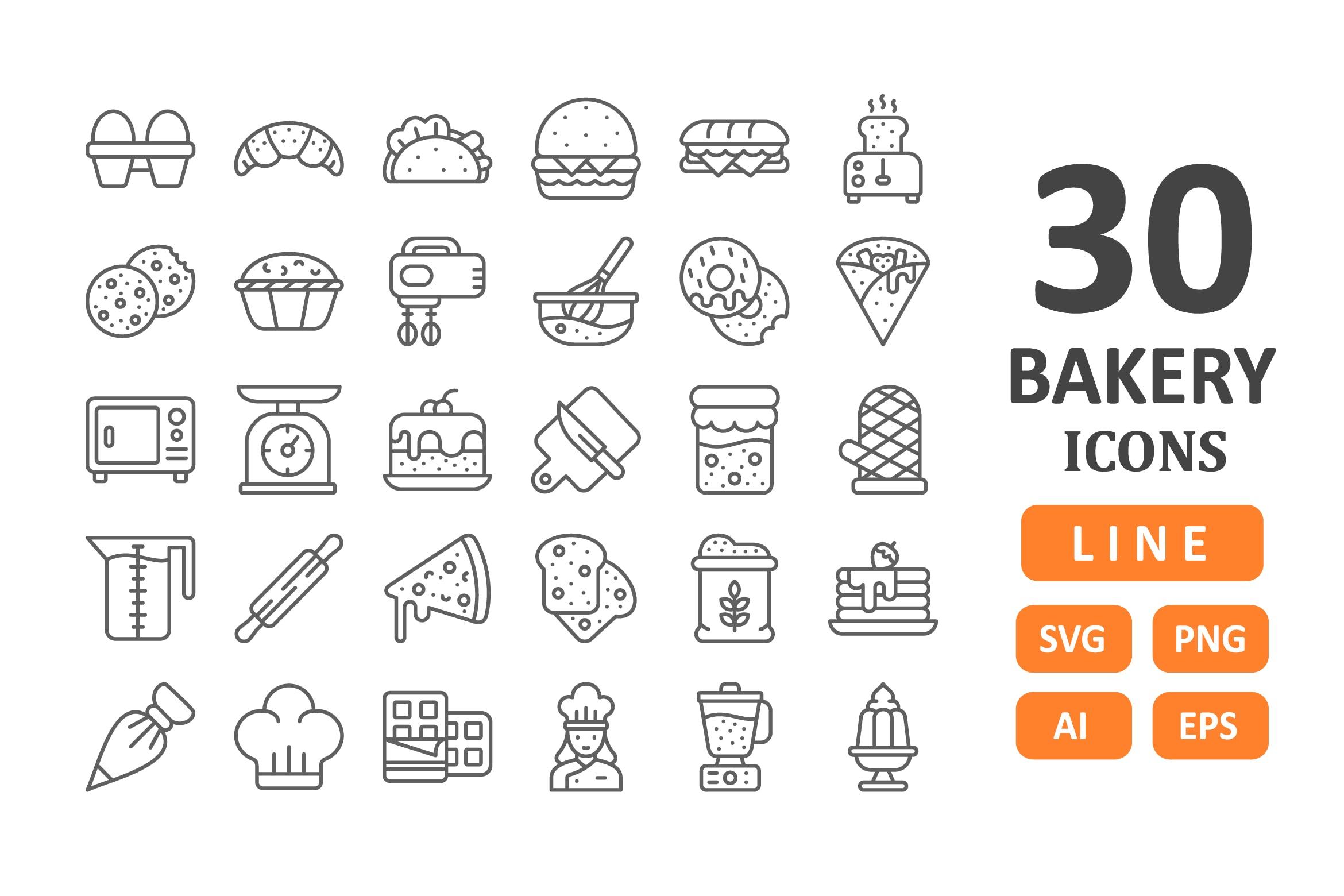 30个面包店主题线条图标素材30 Bakery Icons Line 设计森林planforest