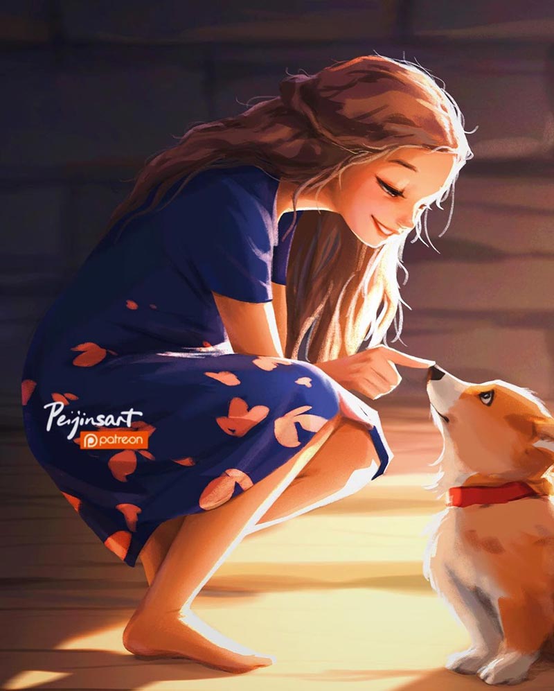Peijin：人与动物的可爱插画