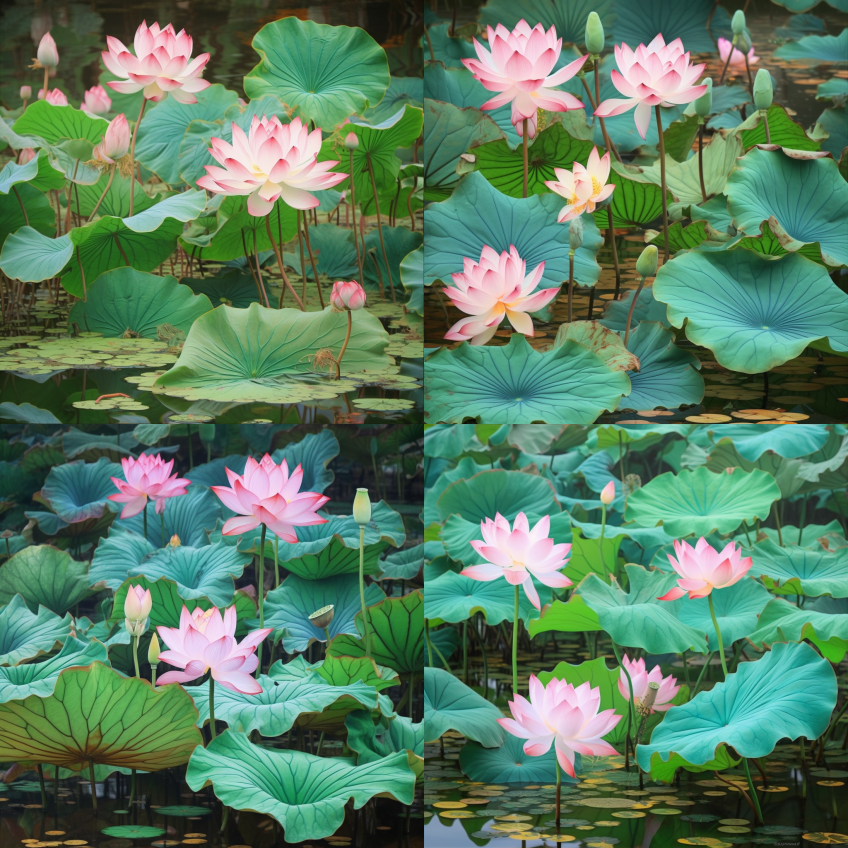 荷叶和荷花在池塘里,自然光,粉色,白色,