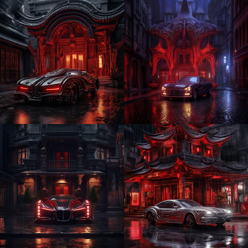 红色汽车H.R.吉格尔风格夜间坐在古镇前