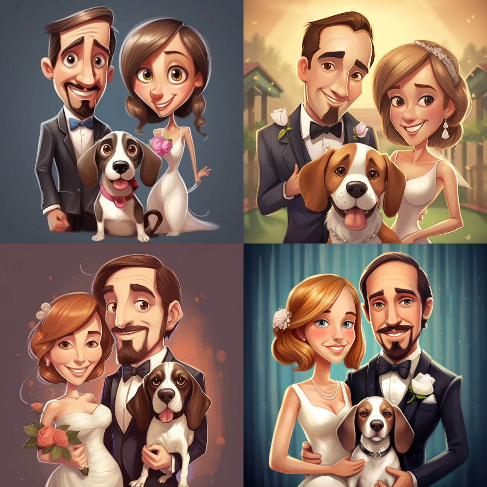婚礼卡通新娘和新郎小猎犬，以逼真的细节，