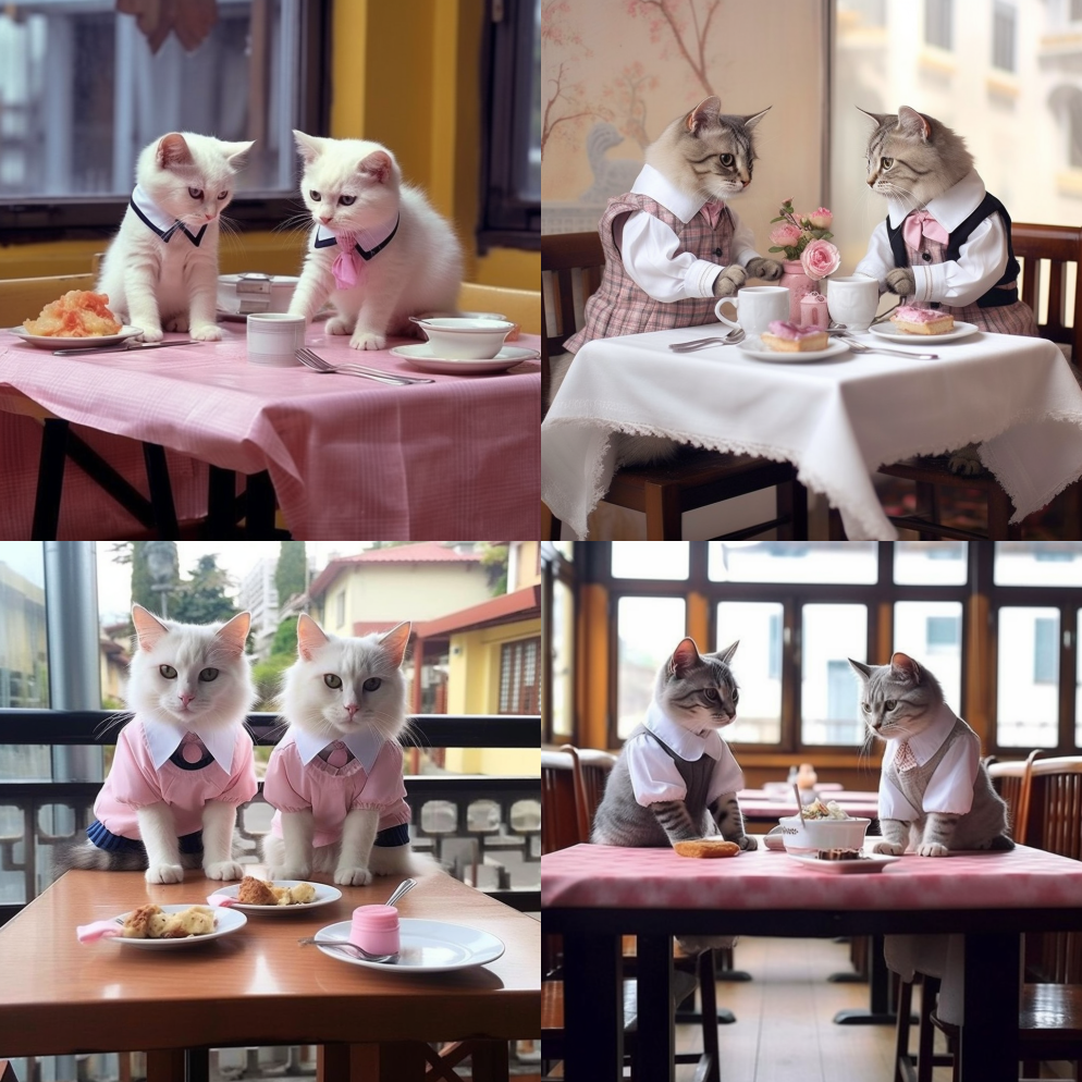 两只猫在桌上吃饭，穿着校服，用两只脚站立