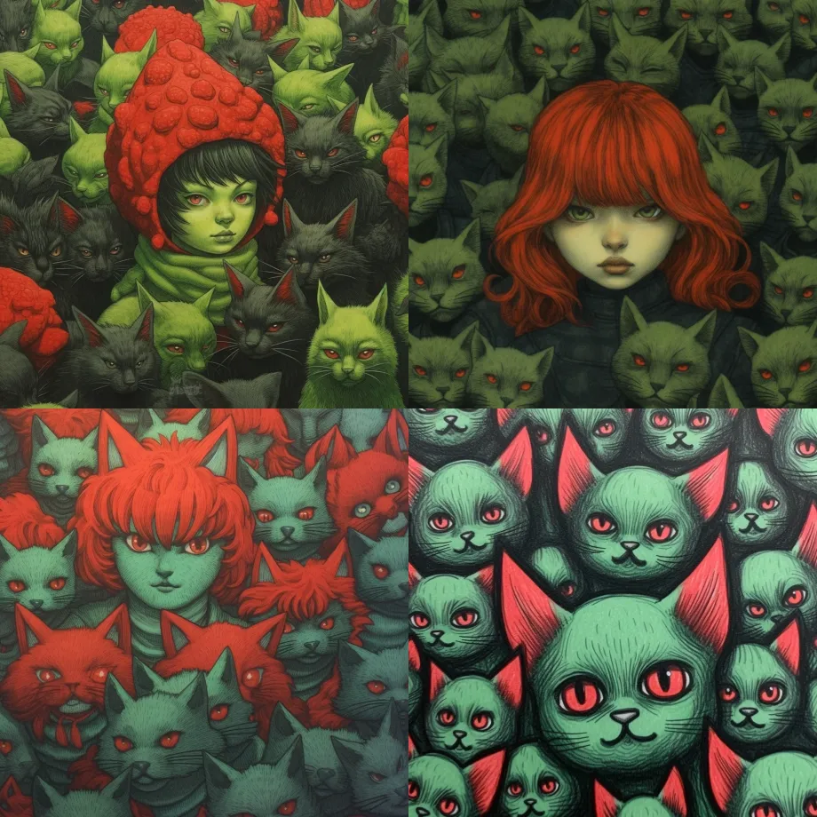 一幅绿色和红色的猫女画在一群黑色的暴徒中