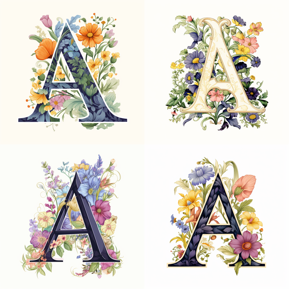 全彩矢量花卉版画首字母A，由Astor鲜