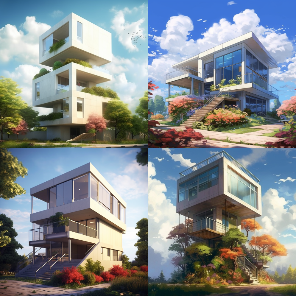两层连接的房屋，天空背景，逼真，现代设计