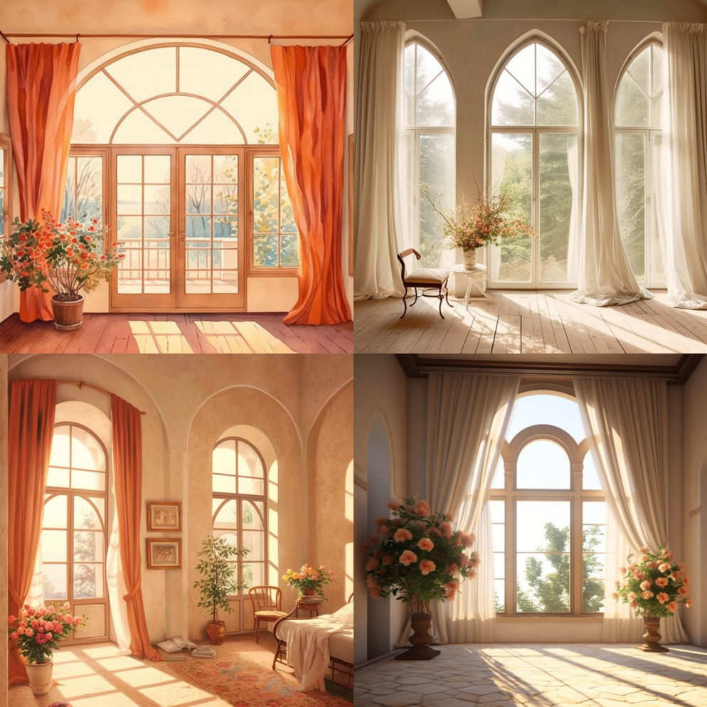 温馨的房间，有拱形的窗户，窗边有鲜花和窗