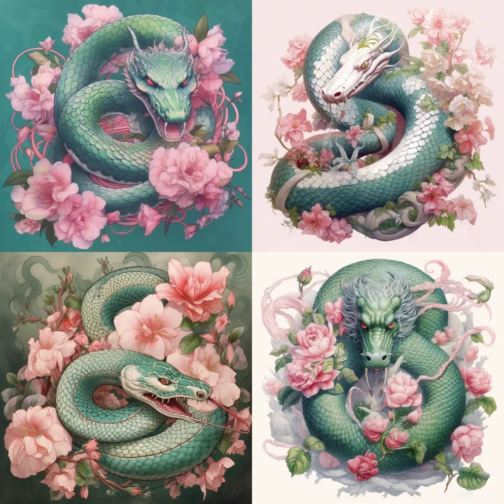 一幅画有蛇和花，风格为淡粉色和翡翠，龙的