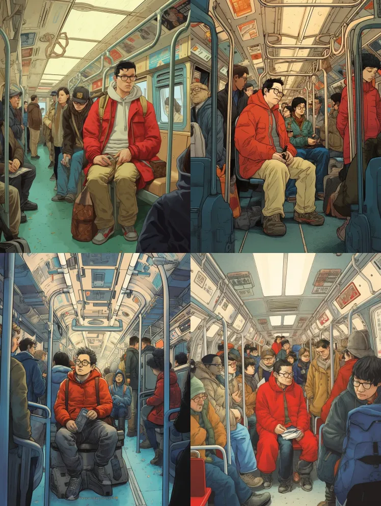 这位残疾男子坐在地铁上的轮椅上,黑发,戴