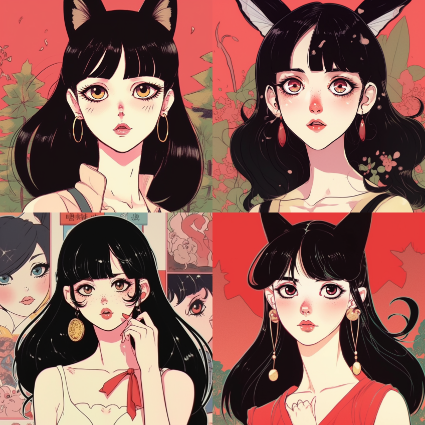 仙女耳朵,黑发女孩,红眼睛,日本复古漫画
