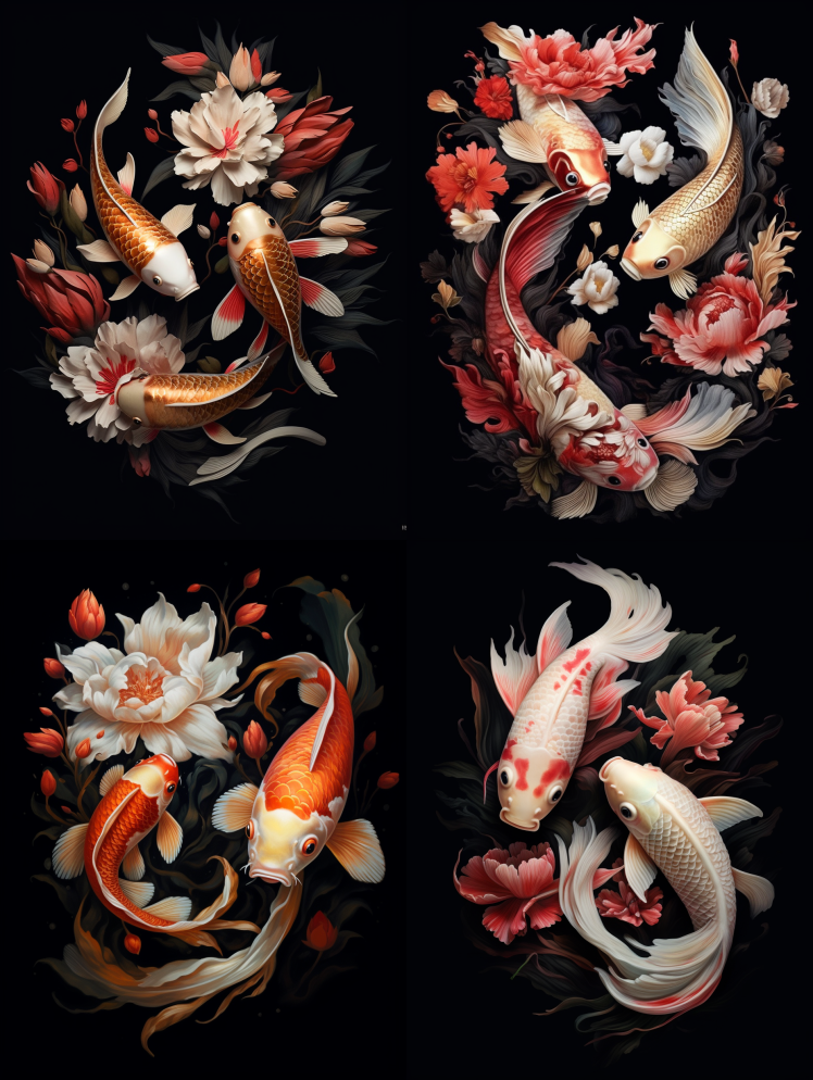 一幅黑色背景上的两条锦鲤鱼的插图,以Be