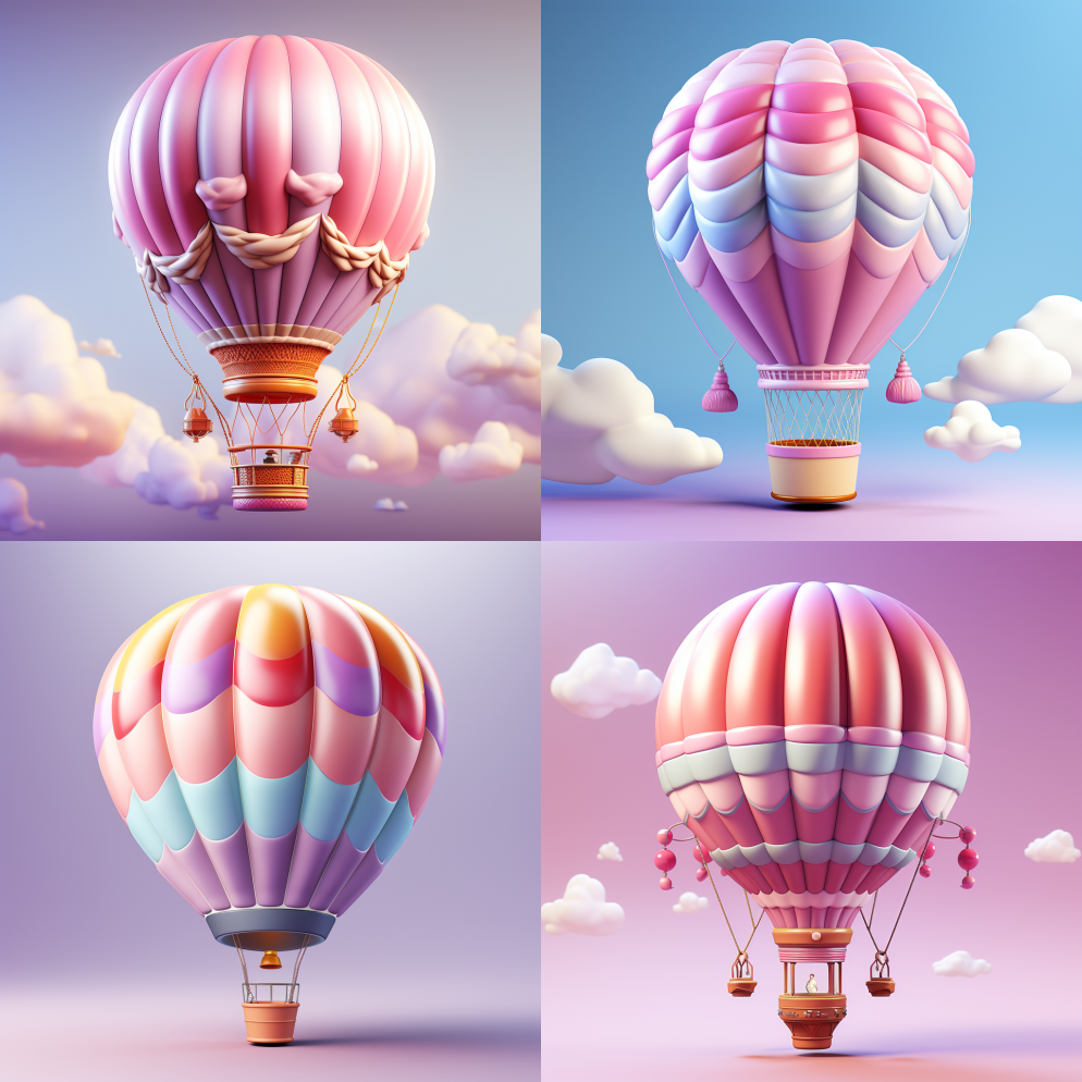 热气球3D图标，粉色，淡黄色，淡紫色，干