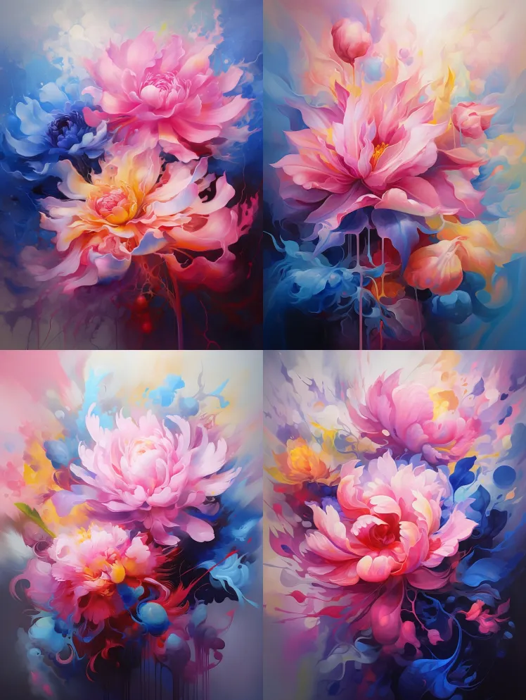 抽象花卉油彩画,粉红色和紫色和黄色和蓝色