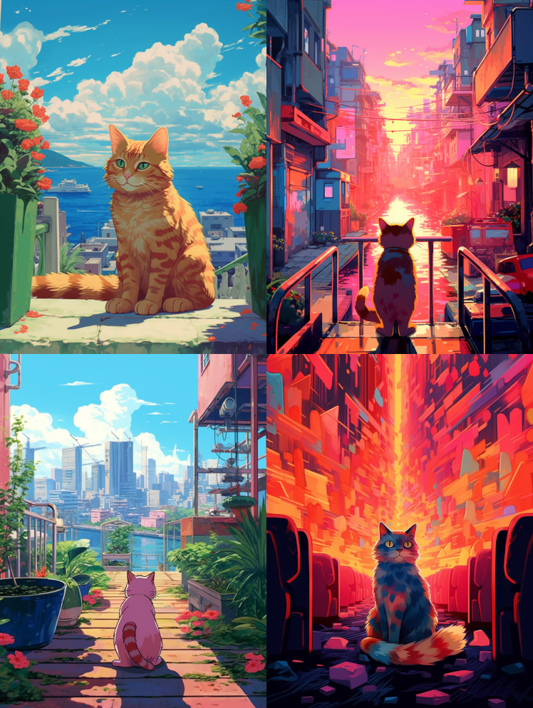 猫,迈阿密氛围,鲜艳的颜色,Ghibli