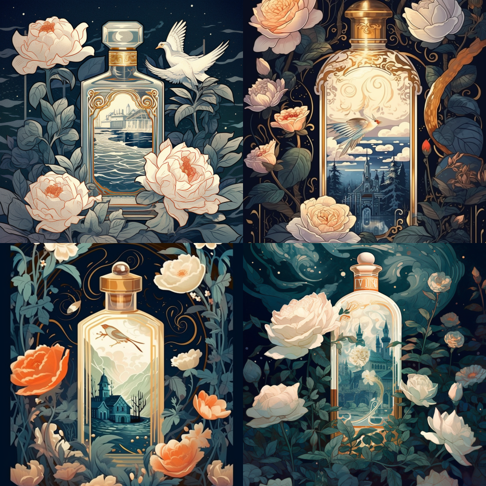 插图，海报设计，香水瓶，丝白玫瑰，植物，