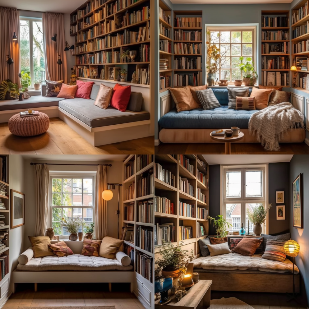书架旁边有一张长椅垫的沙发，有一个供阅读