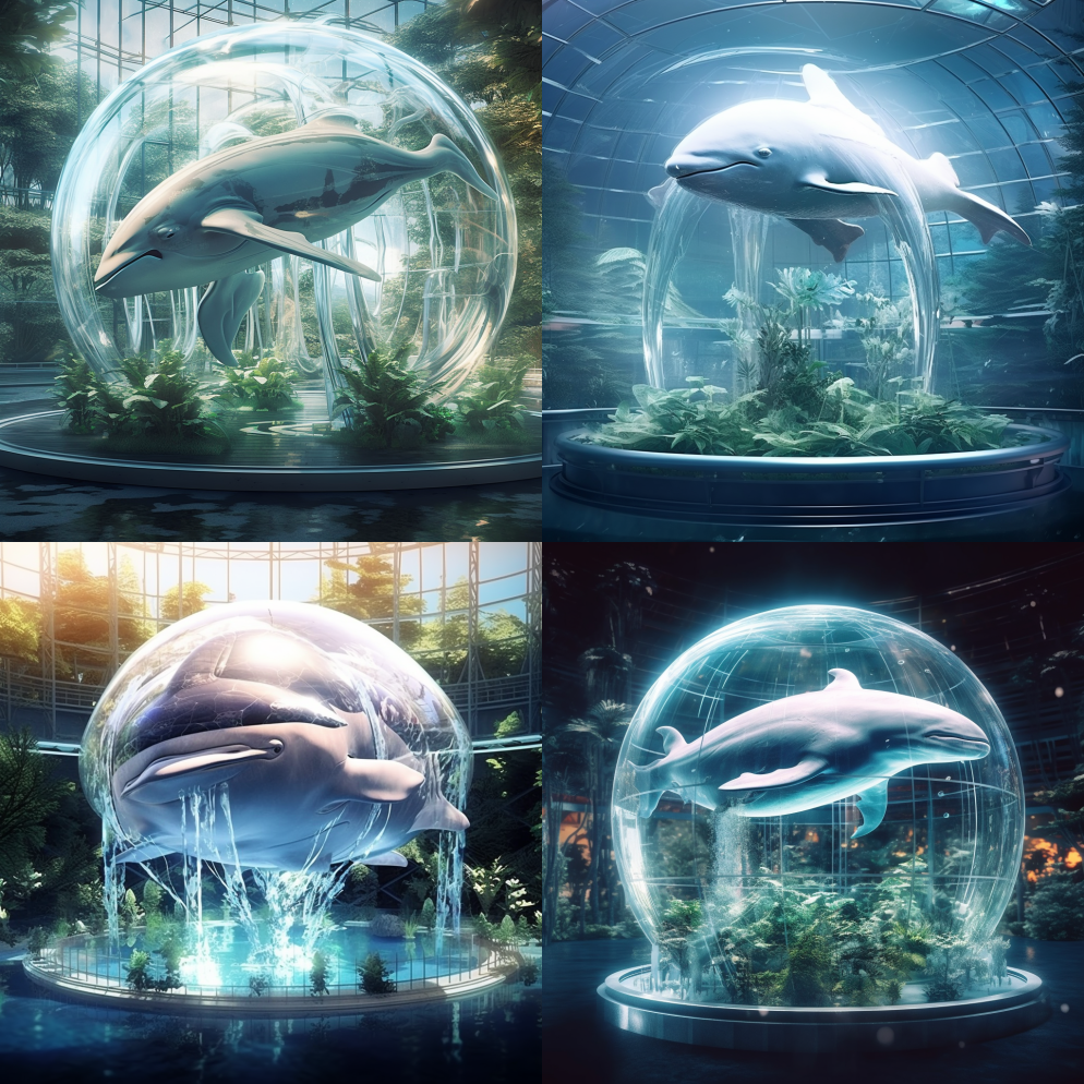 水族馆花园中有赛博朋克风格的透明鲸鱼，由