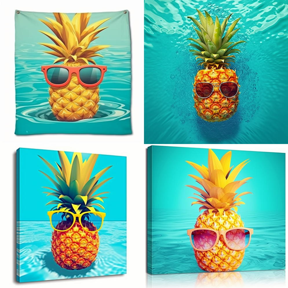 凉爽的热带夏季菠萝戴着墨镜漂浮在游泳池里