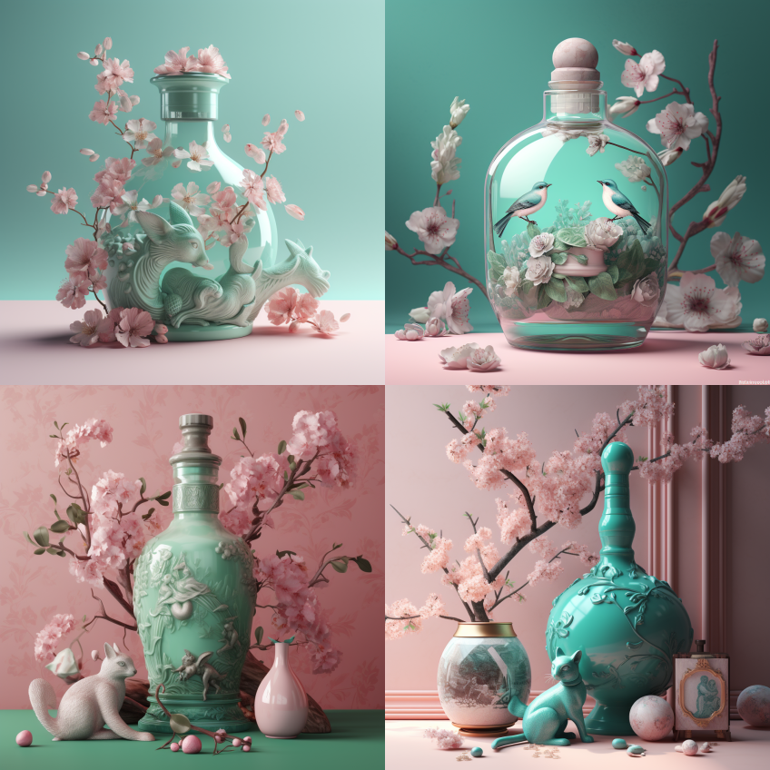 3D瓶樱花插图,浅粉色和浅翡翠风格,超逼
