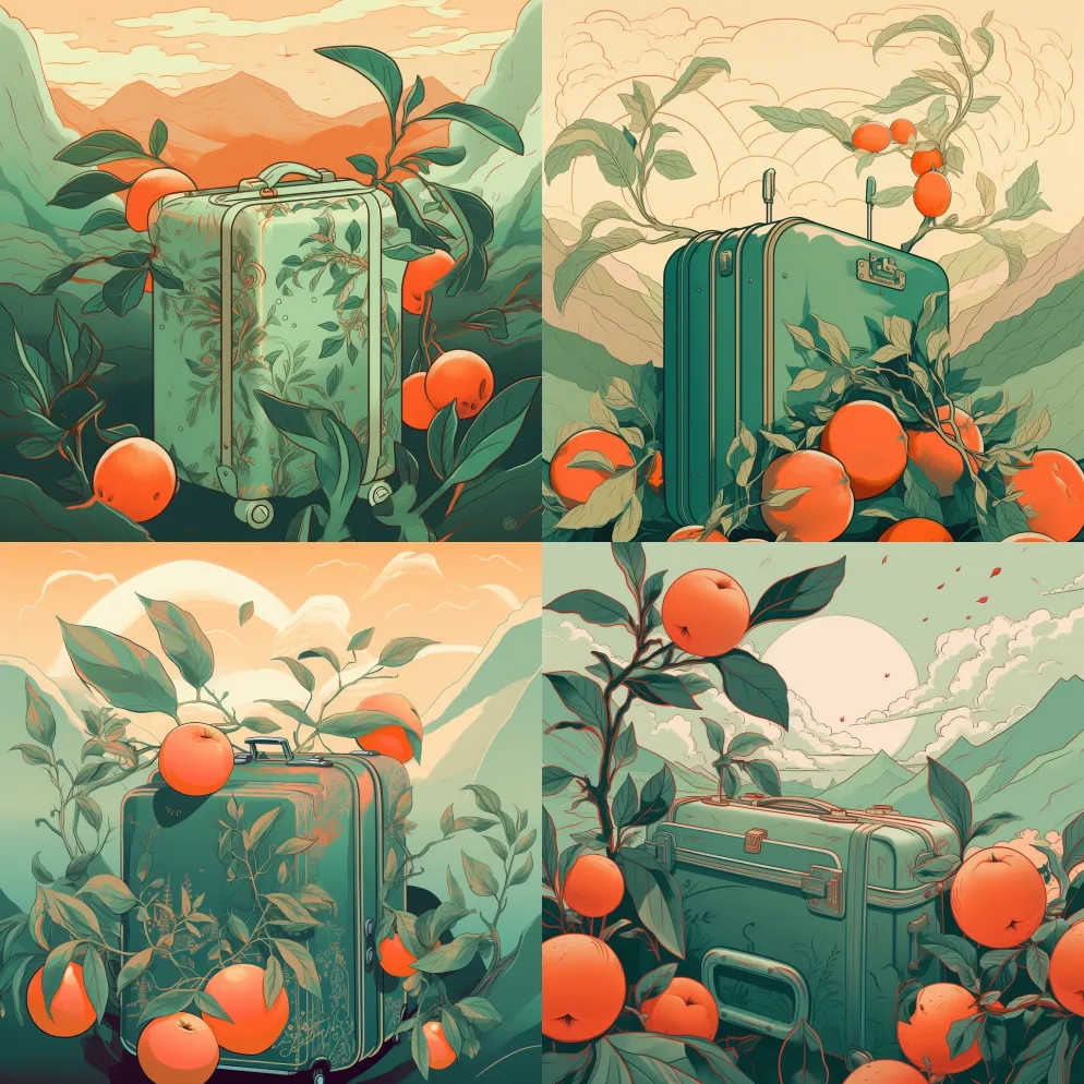 插图，海报设计，行李箱，桃子，树叶，植物