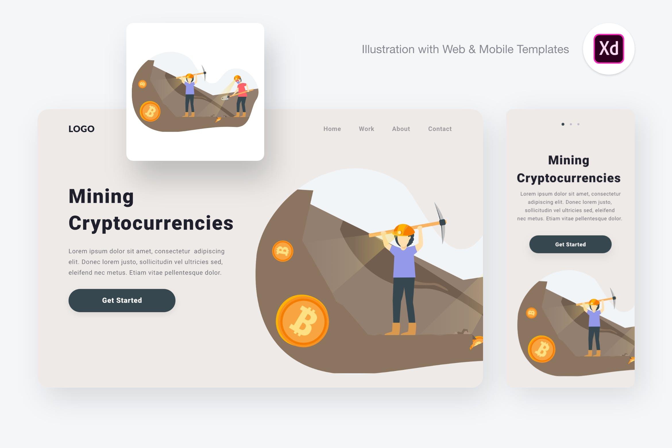 加密货币挖矿主题概念插画设计素材[XD&SVG] Mining Cryptocurrencies Illustration (XD & SVG)