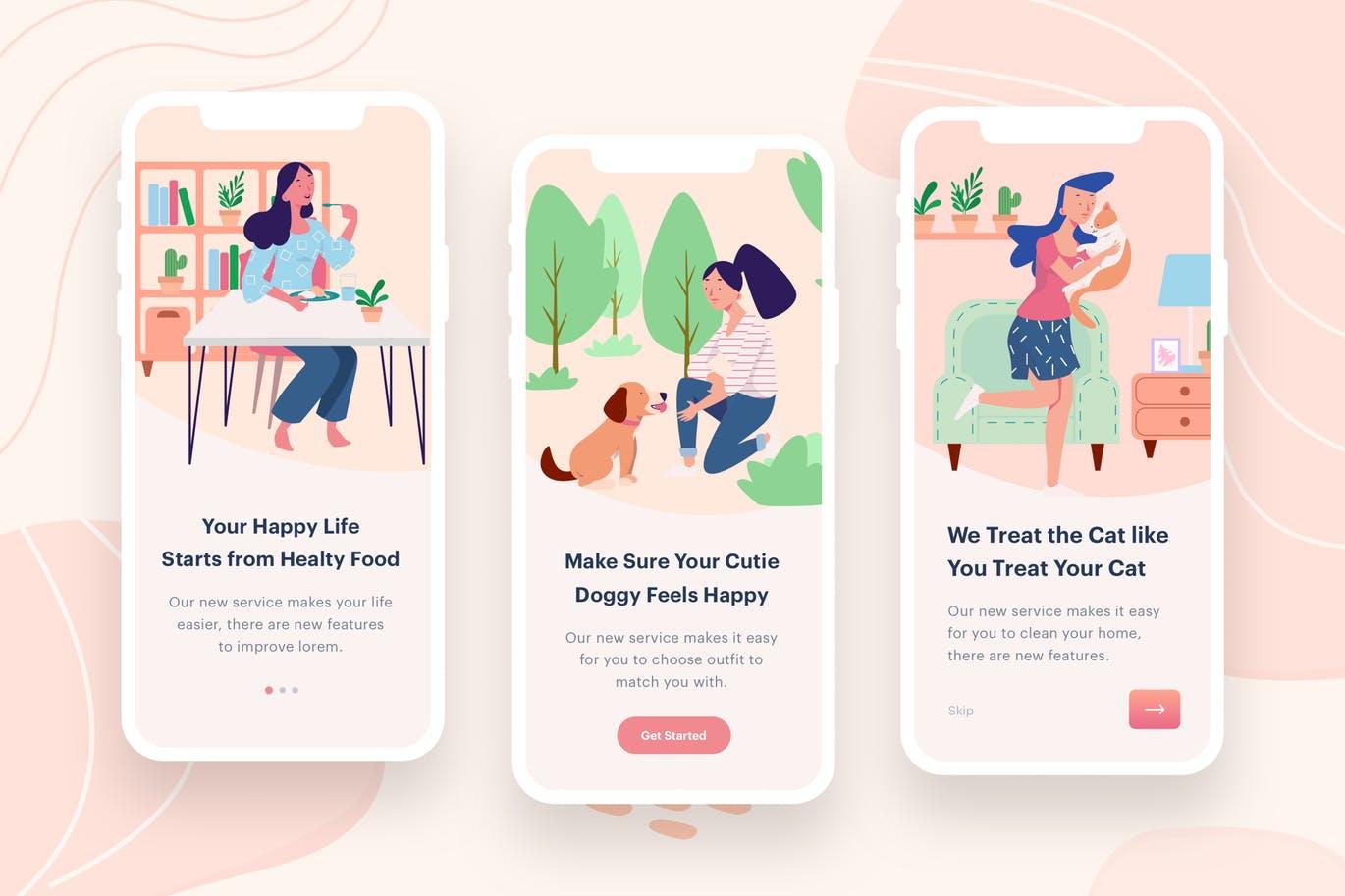 女性吃喝玩乐主题APP应用启动页矢量插画素材 Women’s Eat & Play Illustration