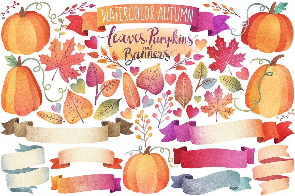 秋天树叶&Banner水彩剪贴画  Watercolor Autumn Leaves & Banners