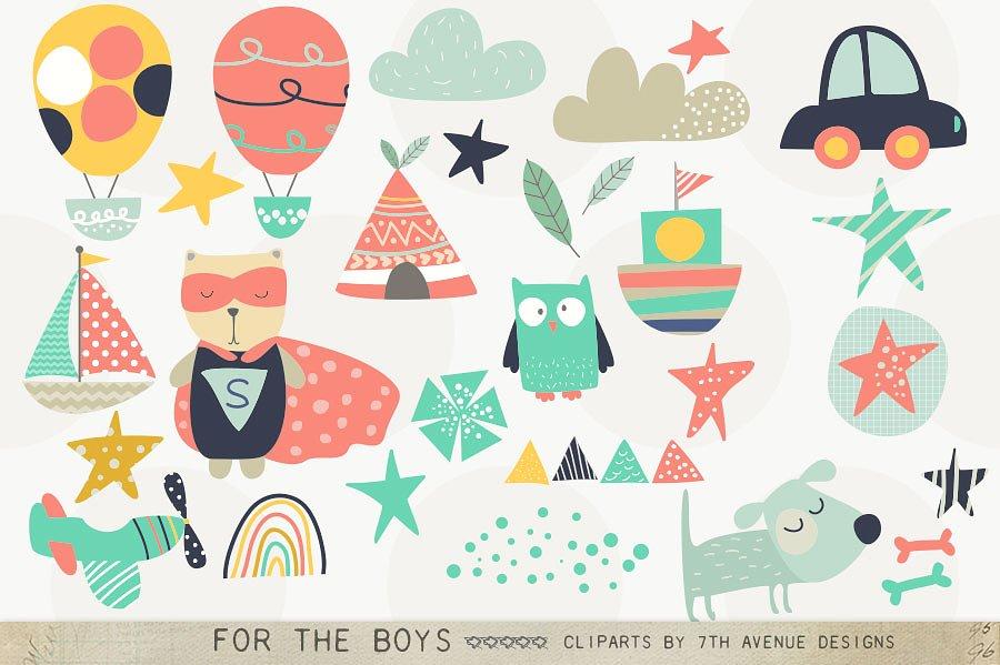男孩宝贝适用剪贴画儿童主题元素 For the Boys Clipart
