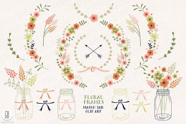 花框、插花&花水彩插画元素 Floral frames, mason jars, flowers