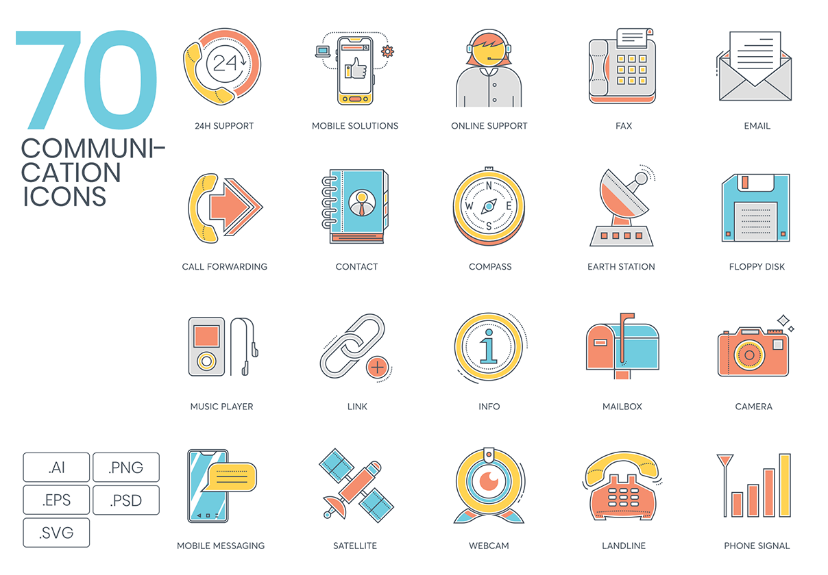 70 Communication Color Line Icons