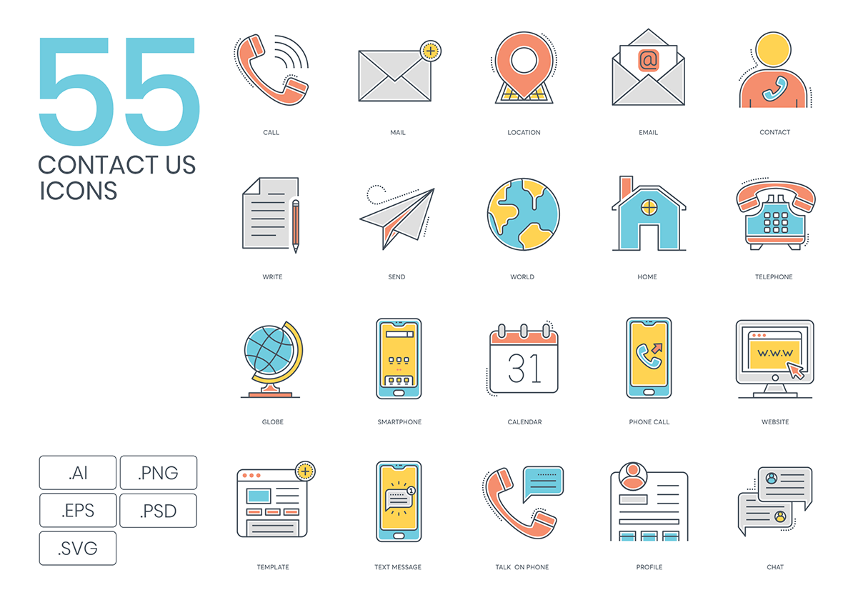 55 Contact Us Color Line Icons