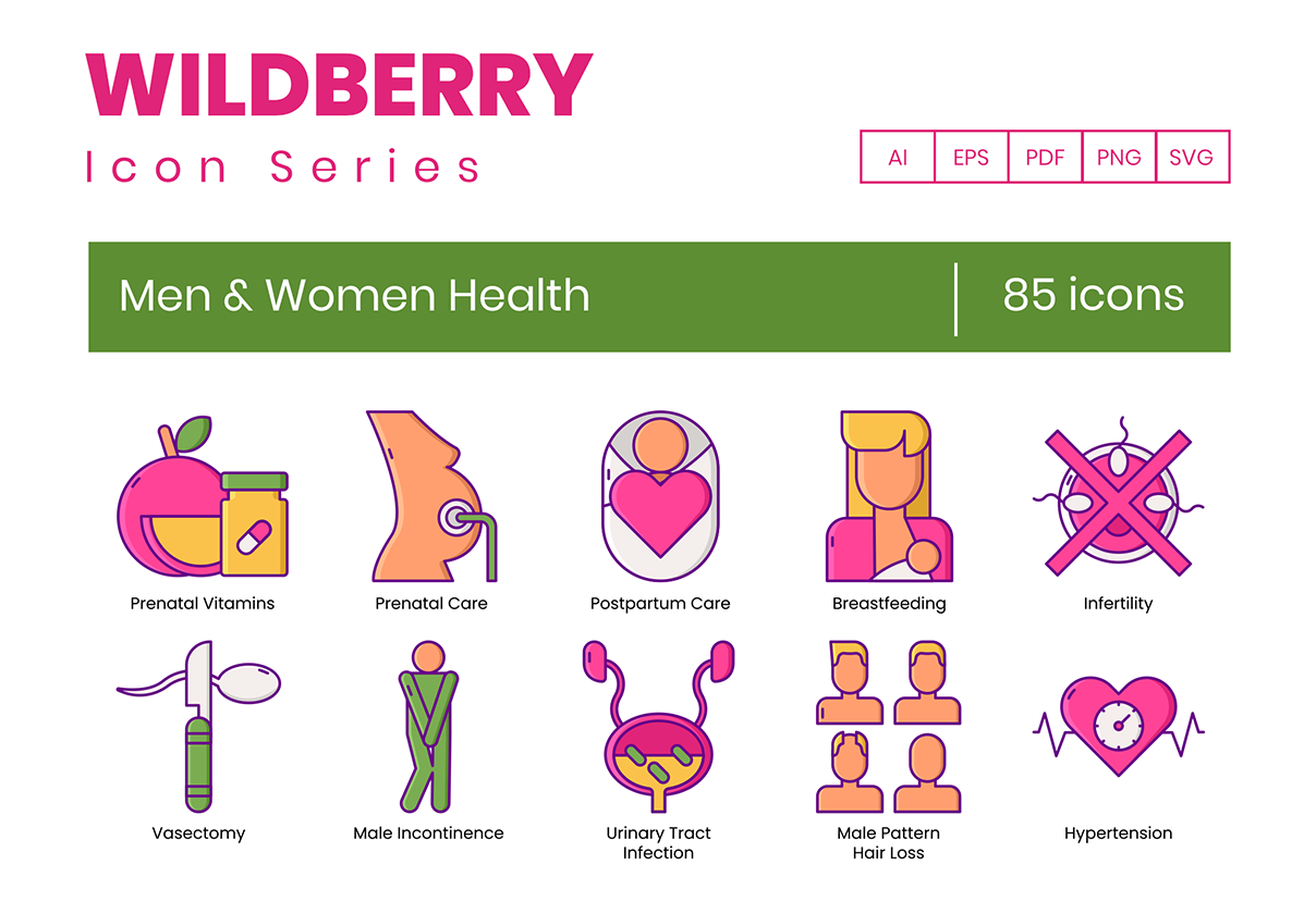 85 Men & Women Health Icons | Wildberry Series