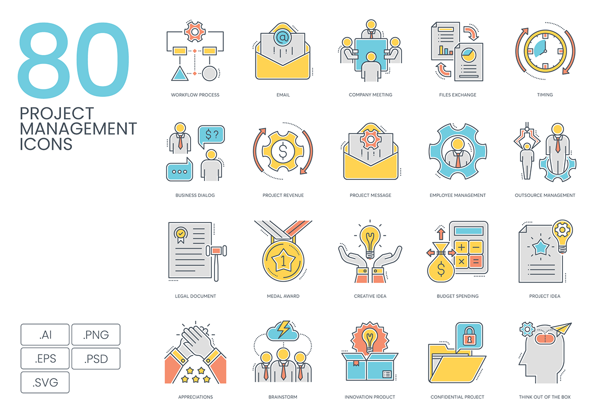 80 Project Management Color Line Icons
