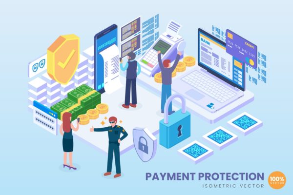 支付安全技术等距矢量概念插画素材 Isometric Payment Protection Technology Vector