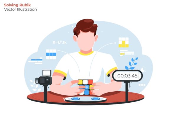 魔方比赛场景矢量插画素材 Solving Rubik – Vector Illustration