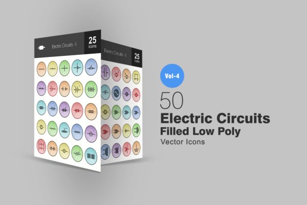 50枚电路线路板主题多边形填充色圆形图标 50 Electric Circuits Filled Low Poly Icons