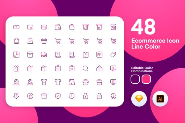 48枚电子商务主题彩色矢量线性图标 eComerce Icon Line Color