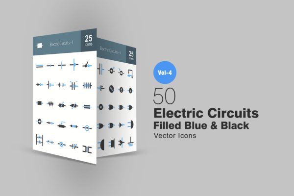 50枚电路线路板主题蓝黑色矢量图标 50 Electric Circuits Blue & Black Icons