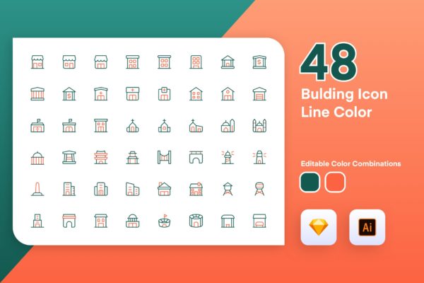 48枚建筑主题彩色矢量线性图标素材 Building Icon Line Color