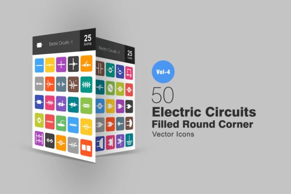 50枚电路线路板主题扁平化矢量圆角图标 50 Electric Circuits Flat Round Corner Icons