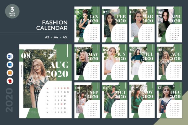 时尚行业主题2020年日历表定制设计模板 Fashion Calendar 2020 Calendar 2 – AI, DOC, PSD