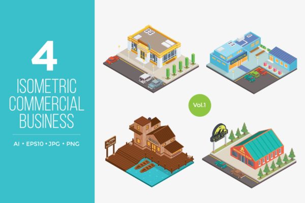 商业建筑等距矢量图形v11 Isometric Commercial Business Vector 1