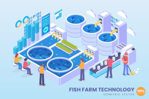 现代化养鱼技术等距矢量概念插画素材 Isometric Fish Farm Technology Vector Concept