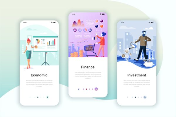 经济学/金融/投资主题概念插画移动APP应用启动页模板 Instagram Stories Onboarding Screens Mobile App