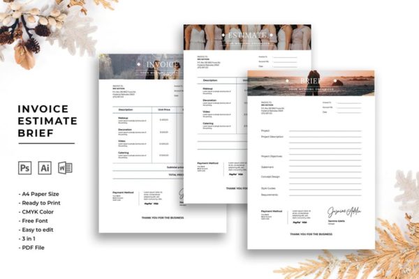 婚礼策划项目费用估算表单设计模板 Invoice Estimate Brief