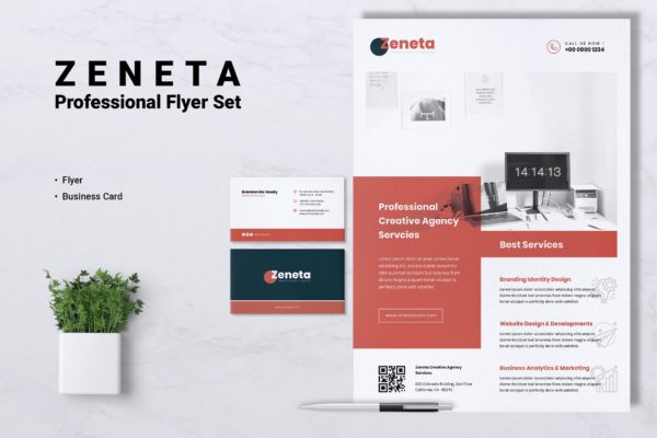 创意代理公司宣传单&企业名片设计模板 ZENETA Creative Agency Flyer & Business Card