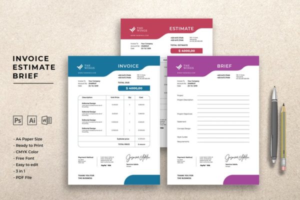 商业发票/预算/报价表单设计模板素材 Invoice Estimate Brief